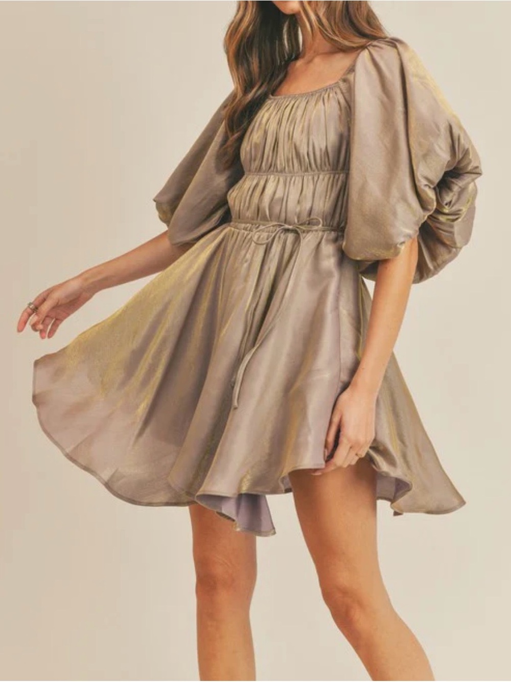 &merci Gold Shimmer Puff Sleeve Boho Mini Dress Size M